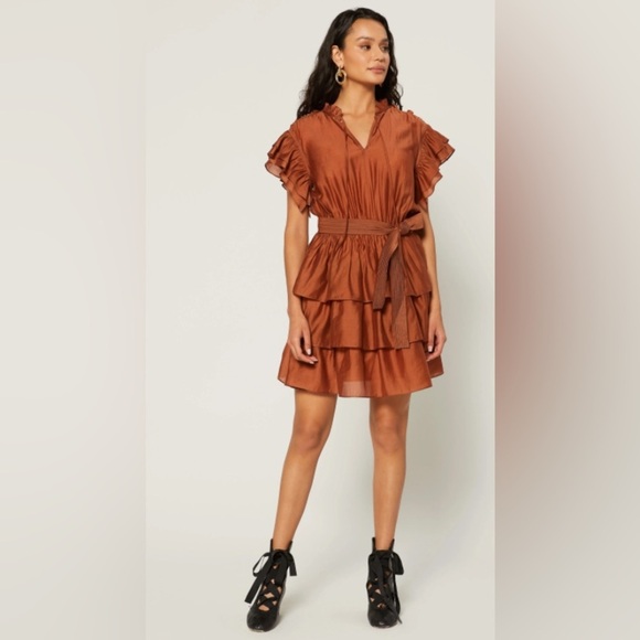 CURRENT AIR Rust Brown Tiered Flutter Sleeve Mini Dress - Picture 1 of 5